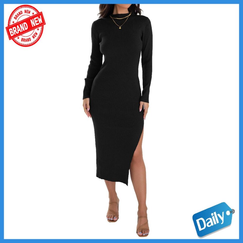 Ribbed Knit Sweater Dress Long Sleeve Mock Neck Slim Fit Side Slit
